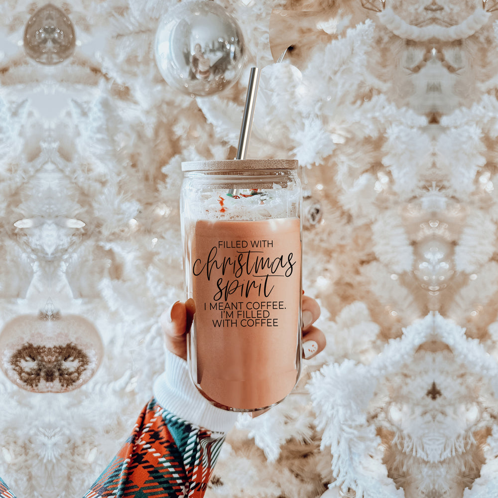 Christmas Coffee 17oz Glass Tumbler With Bamboo Lid, Stainless Straws & Cleaner