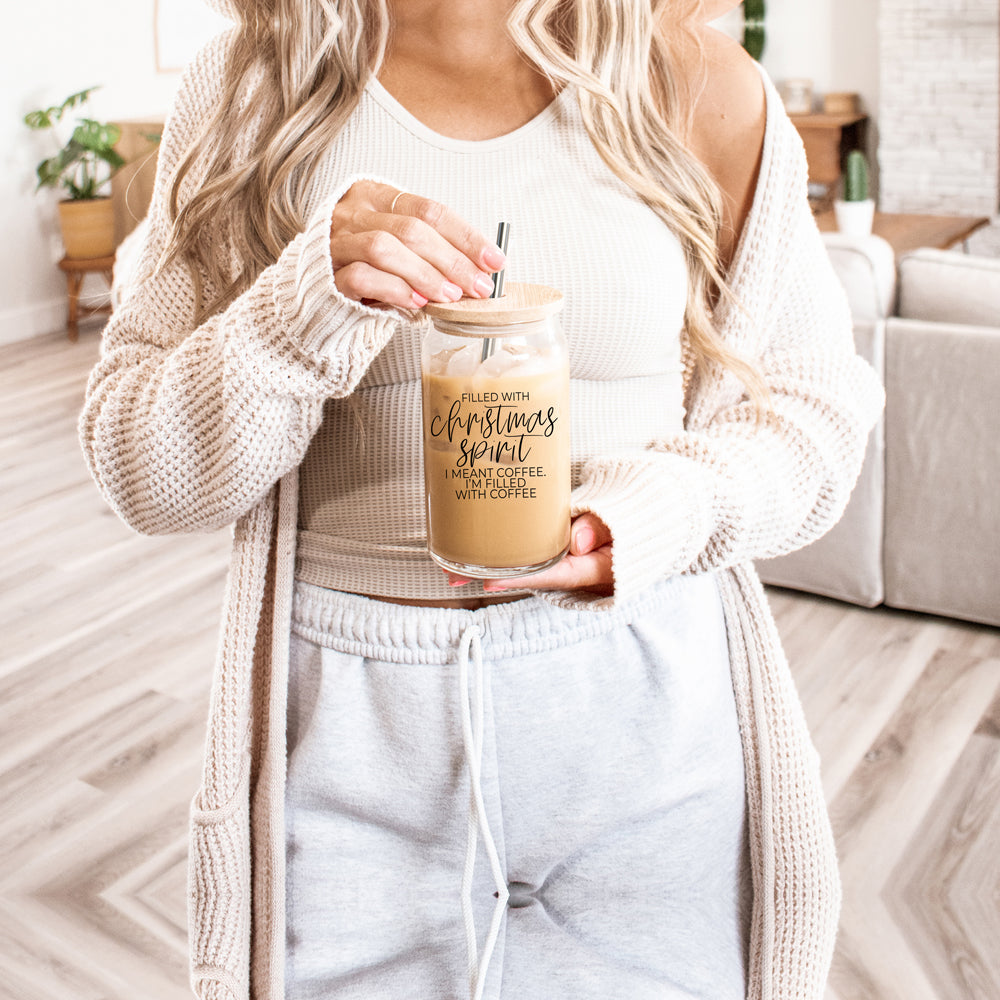 Christmas Coffee 17oz Glass Tumbler With Bamboo Lid, Stainless Straws & Cleaner