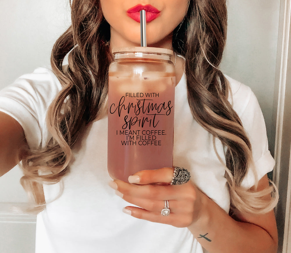 Christmas Coffee 17oz Glass Tumbler With Bamboo Lid, Stainless Straws & Cleaner